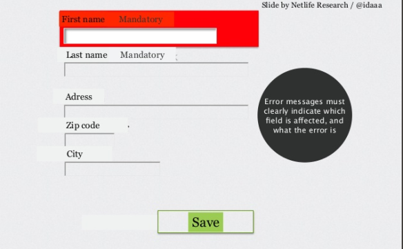 The field containing the error is clearly marked with a red box, and a text explaining what's wrong. 